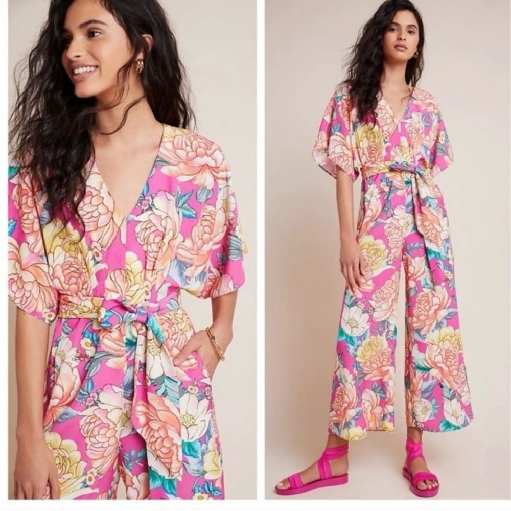 Anthropologie Farm Rio Pink Floral Eulalie Wide-Leg Jumpsuit Size Small EUC Cute